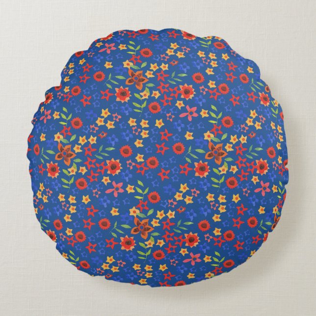 Flore rétro chic imprimé sur Coussin rond bleu (Devant)