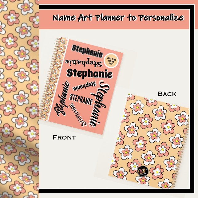 Flore rose et Pêche Personnalisée Personnalisable (Peach, pink and white floral name art personalized planners.)