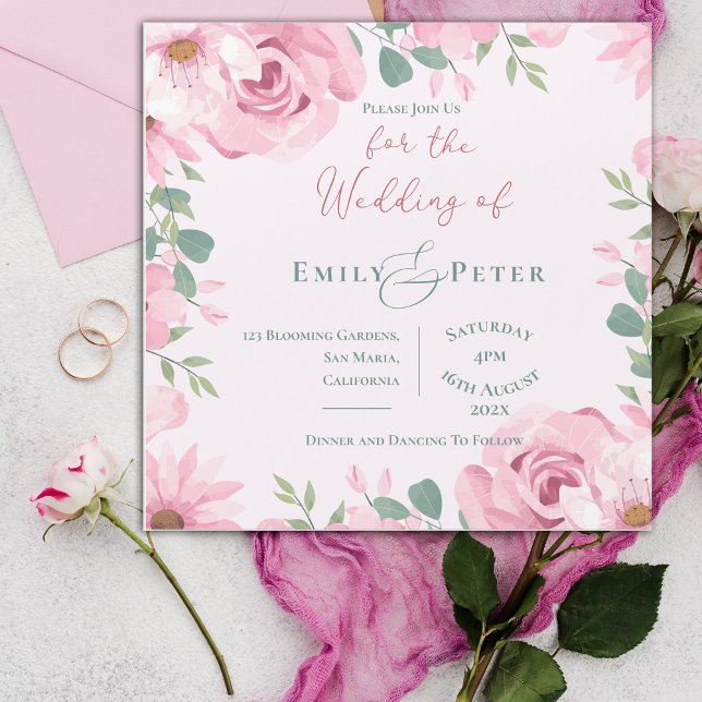Flore rose pâle Élégant Mariage Invitation (Blush Pink Florals Elegant Wedding Invitation)