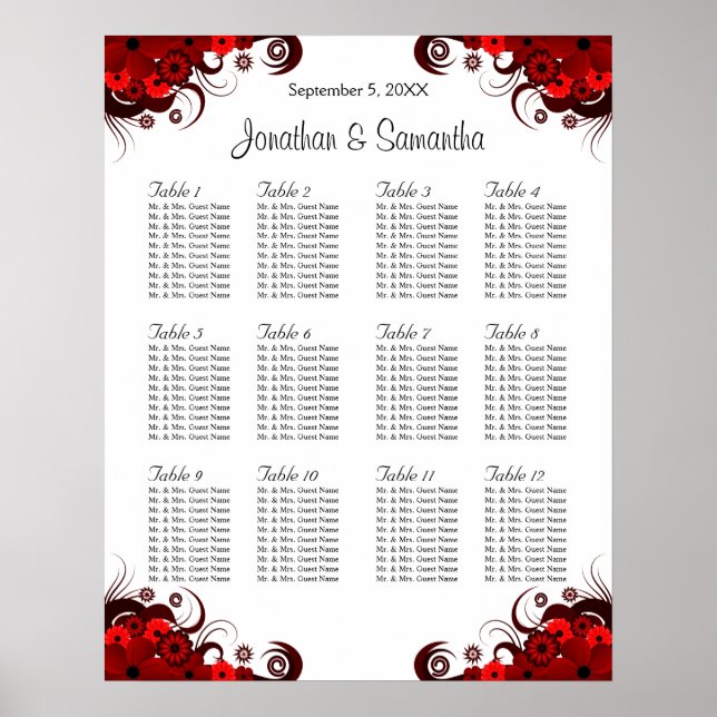 Flore rouge et blanc 12 tables Mariages Tableau de (Devant)