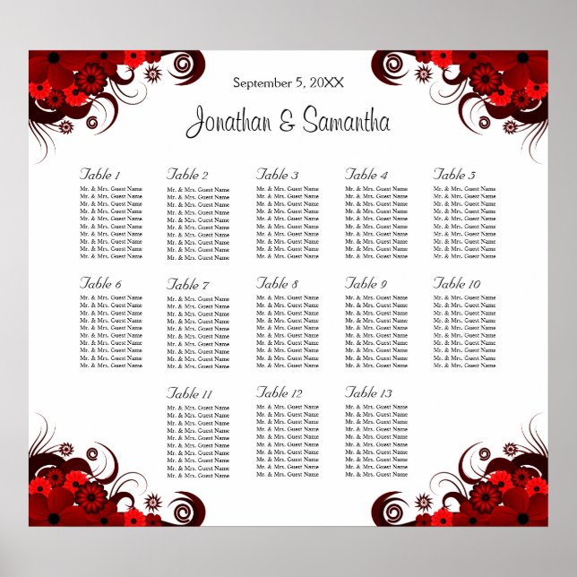Flore rouge et blanc 13 tables Mariages Tableau de (Devant)