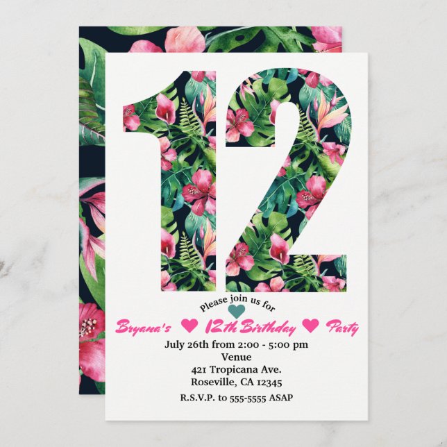 Flore tropicale 12 12e anniversaire Invitation de  (Devant / Derrière)