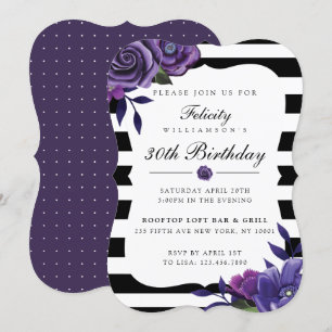 Flore violette et rayures noires Invitation d'anni