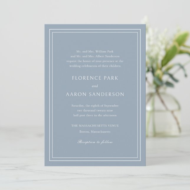 Florence Dusty Blue Elegante Wedding Einladung (Stehend Vorderseite)