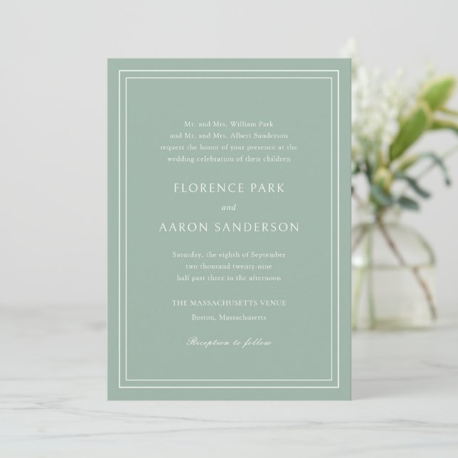 Florence Sage Green Elegant Wedding Einladung (Stehend Vorderseite)