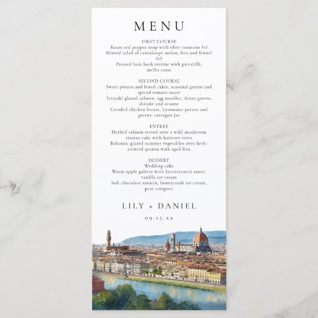 Florence Skyline Watercolor Elegant Wedding Menükarte (Vorderseite)