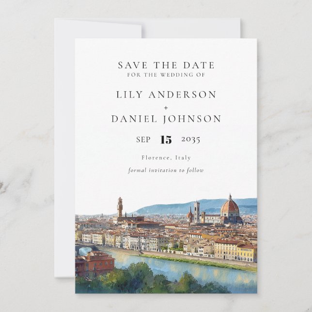Florence Skyline Watercolor Elegant Wedding Save The Date (Vorderseite)