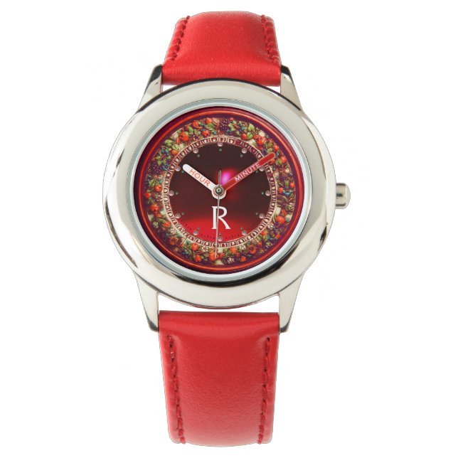 FLORENTINE RED GREEN FLORAL CROWING RUBY MONOGRAM ARMBANDUHR (Vorderseite)
