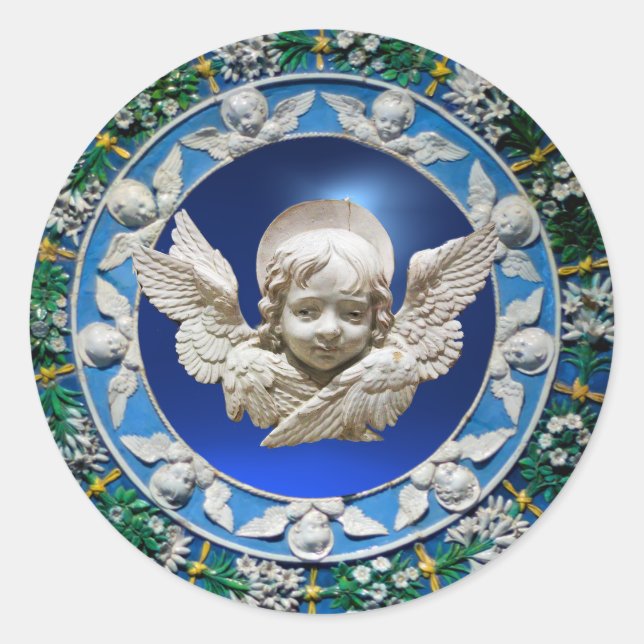 FLORENTINE RENAISSANCE ANGEL FLORAL CROWIN BLUE RUNDER AUFKLEBER (Vorderseite)
