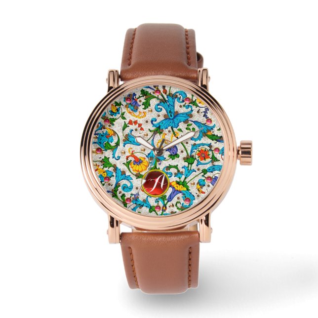 FLORENTINE RENAISSANCE BLUE FLORAL WIRBEL MONOGRAM ARMBANDUHR (Vorderseite)