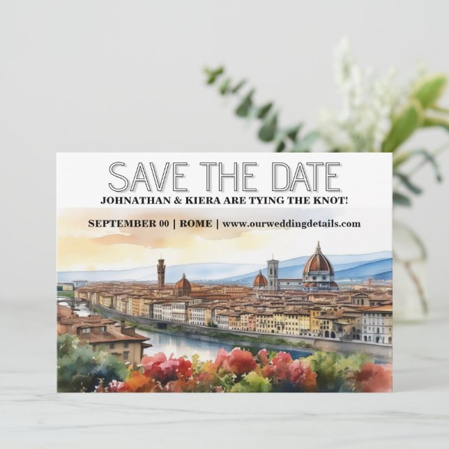 Florenz City Skyline Aquarell bearbeitbares Foto Einladung (Stehend Vorderseite)