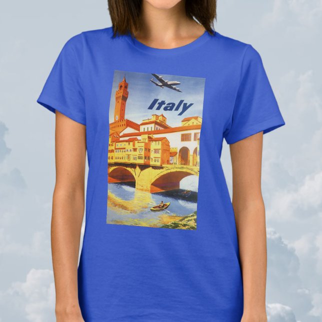 Florenz Italien Ponte Vecchio Bridge T-Shirt (Vintage Travel Poster with an Airplane Flying Over Florence Firenze Italy Bridge and River T-Shirt)