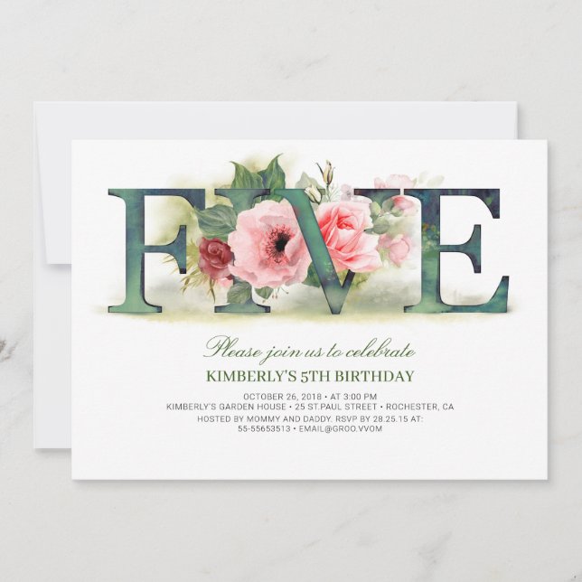 Flores roses CINQ | Invitation de fête du 5e anniv (Devant)