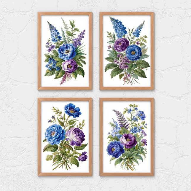 Flores Vintages violettes bleues (Blue Purple Floral Watercolor Vintage Wall Art set of 2, 3 or 4 prints)