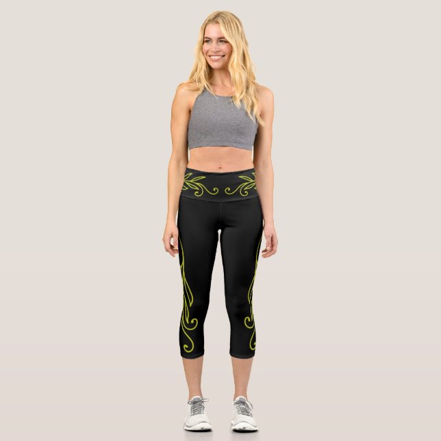 Florescent Green Leaf Curls Capri Leggings (Vorderseite)