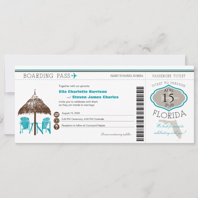 Florida Boarding Pass Einladung Hochzeit (Vorderseite)