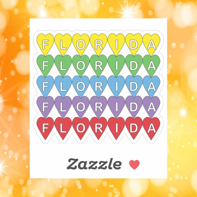Florida Bunte Herzen Aufkleber (A die cut sticker of rainbow hearts that say Florida)