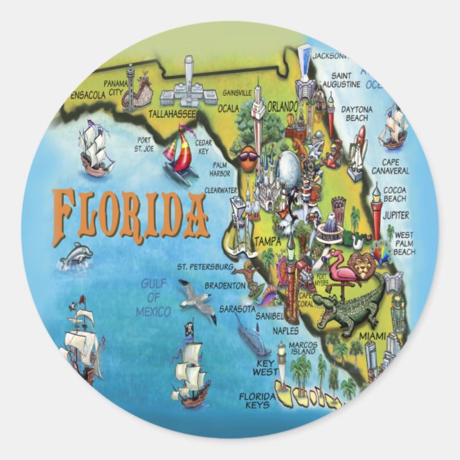 Florida Cartoon Karte Runder Aufkleber (Vorderseite)