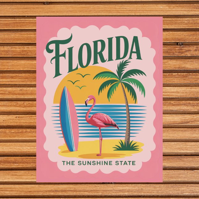 Florida Der Sonnenschein Staat Retro Flamingo Surf Postkarte (Florida The Sunshine State Retro Flamingo Surf Postcard
)