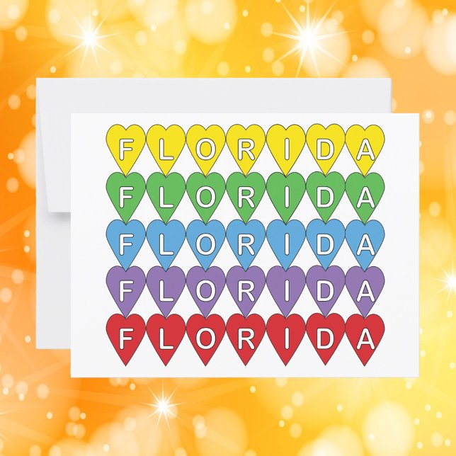 Florida Heart Colorful Postkarte (A postcard with the word Florida in yellow, green, blue, purple & red hearts)