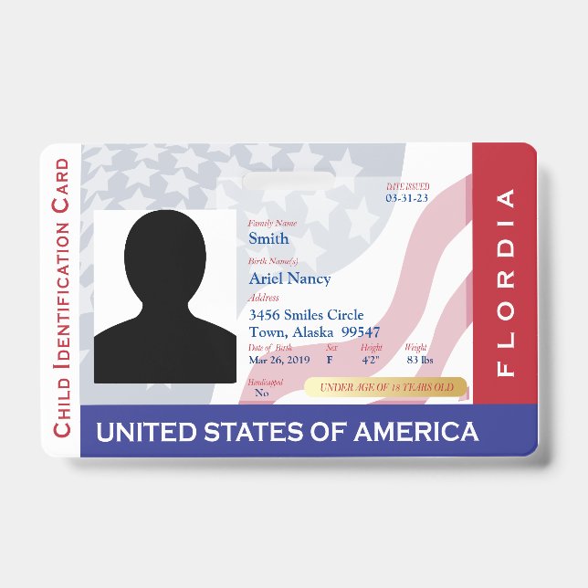 FLORIDA - Kind-ID-Karte - Hintergrund der US-Flagg Ausweis (Vorderseite)