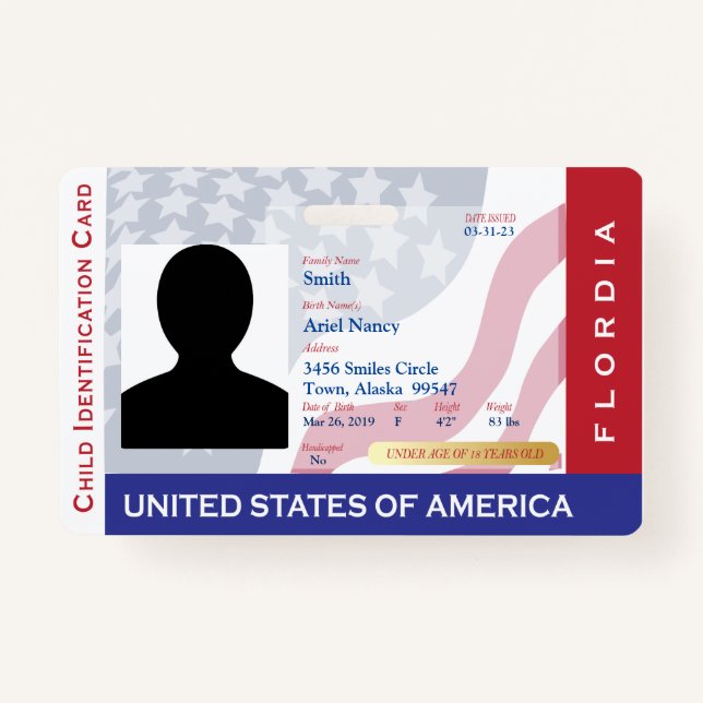 FLORIDA - Kind-ID-Karte - Hintergrund der US-Flagg Ausweis (Vorderseite)