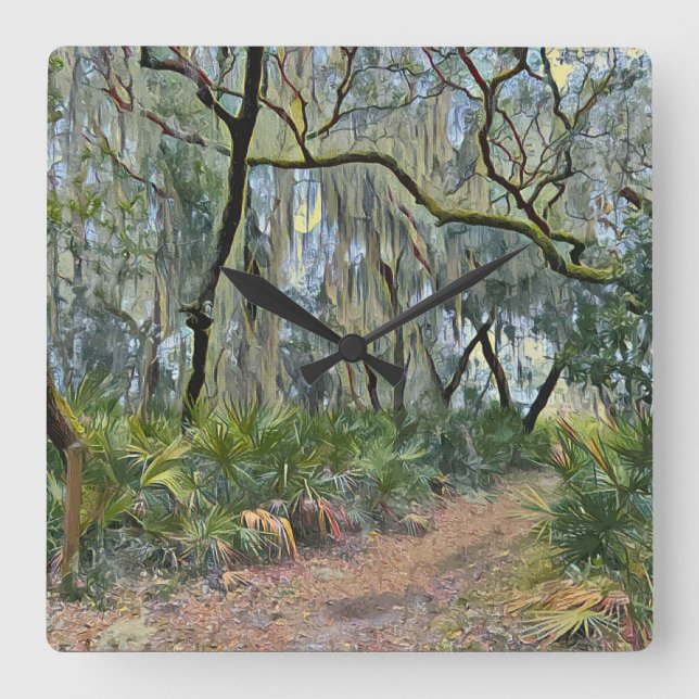 Florida Lace Spanish Moss Impressionist Art Quadratische Wanduhr (Vorderseite)