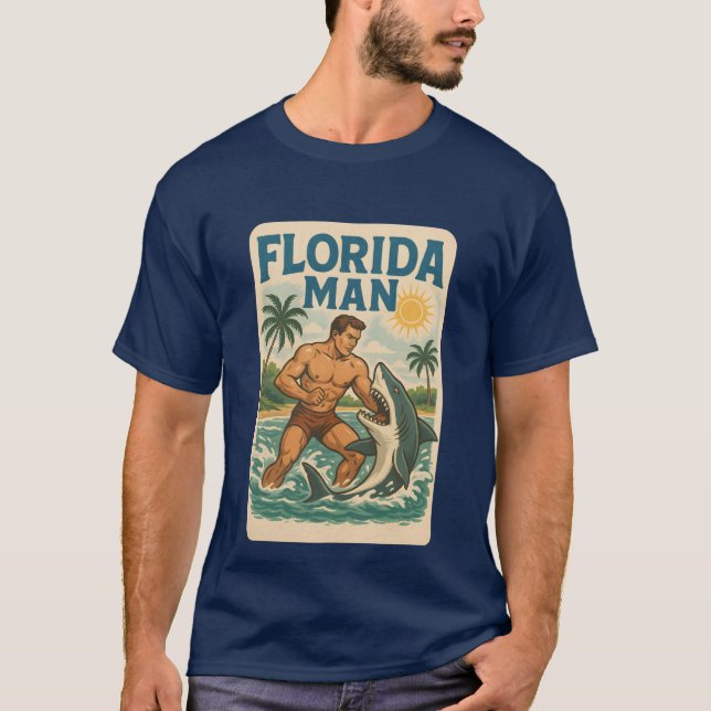 Florida Man Coastal Shark Wrestler - Retro Beach T-Shirt (Vorderseite)
