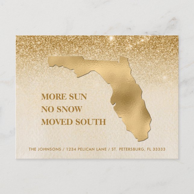 Florida Map Gold Glitzer Ombre Neue Zuhause Ankündigungspostkarte (Vorderseite)