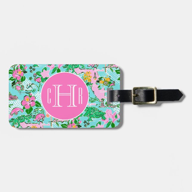 Florida Map Preppy Palm Beach Pattern Mit Monogram Gepäckanhänger (Vorderseite horizontal)