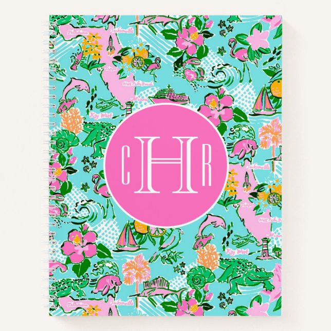 Florida Map Preppy Palm Beach Pattern Mit Monogram Notizbuch (Vorderseite)