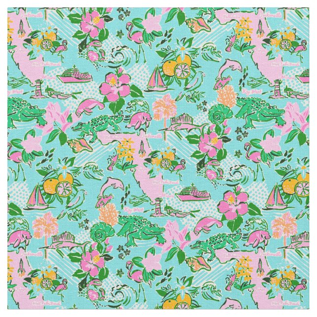 Florida Map Preppy Palm Beach Pattern Print Stoff (Nahaufnahme)