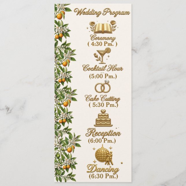 Florida Orange Blossom Gold Elegante Hochzeitsprog Programm (Vorderseite)