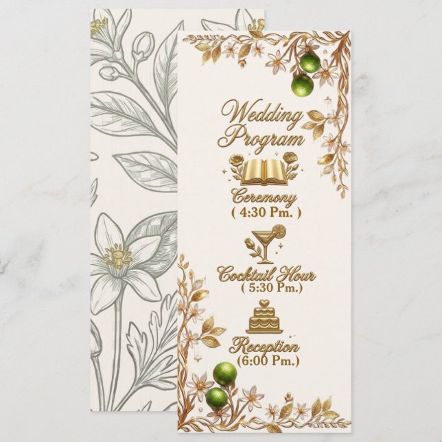 Florida Orange Blossom Gold Elegante Hochzeitsprog Programm (Vorne/Hinten)