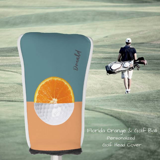 Florida Orange Golf Ball Golf Head Cover Golf Headcover (Personalized Golf Club Head. Half golf ball & Florida orange design & contrasting colored backround!)