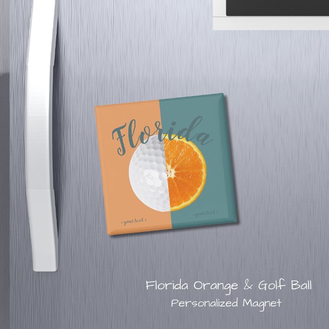 Florida Orange Golf Ball Magnet (Personalized Magnet. Half golf ball & Florida orange design with contrasting colored backround!)