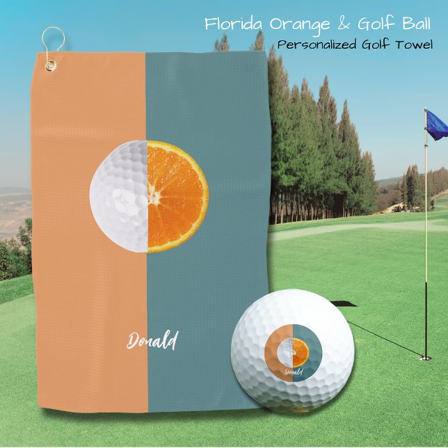 Florida Orange und Golf Ball Golfhandtuch (Personalized Golf towel with contrasting colors, half golf ball & half Florida Orange! Perfect gift!)