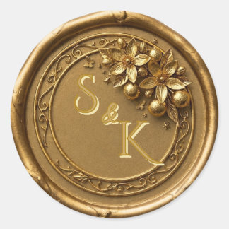Florida Orangenblüte | Elegantes Monogramm Goldwac Runder Aufkleber