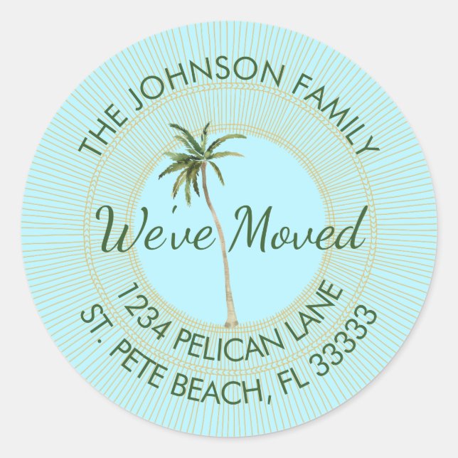 Florida Palm Golden Sun Moving Ankündigung Runder Aufkleber (Vorderseite)