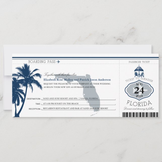 Florida Palm Tree Boarding Pass Wedding Einladung (Vorderseite)