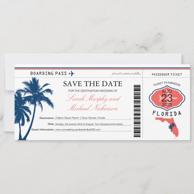 Florida Save the Date Boarding Pass mit Foto (Vorderseite)