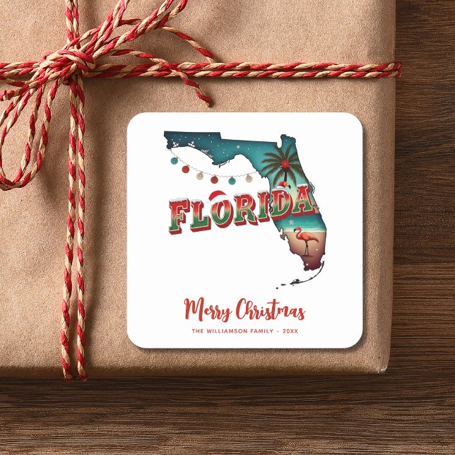 Florida Staat Weihnachtskarte Quadratischer Aufkleber (Personalize greeting , Name, year.  Matching items in collection.
)