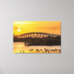 Florida Sunset Titusville Bridge Vögel in Wasser Leinwanddruck