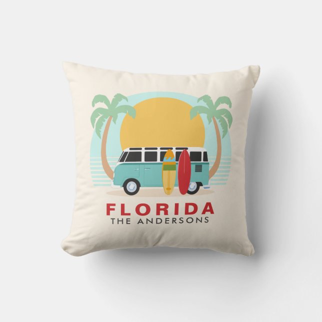 Florida Surfboard Van Family Name Throw Kissen (Vorderseite)