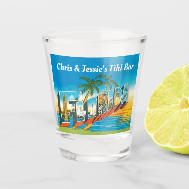 Florida Tiki Bar mit Namen und Sonnenuntergang am  Schnapsglas (Vorderseite)