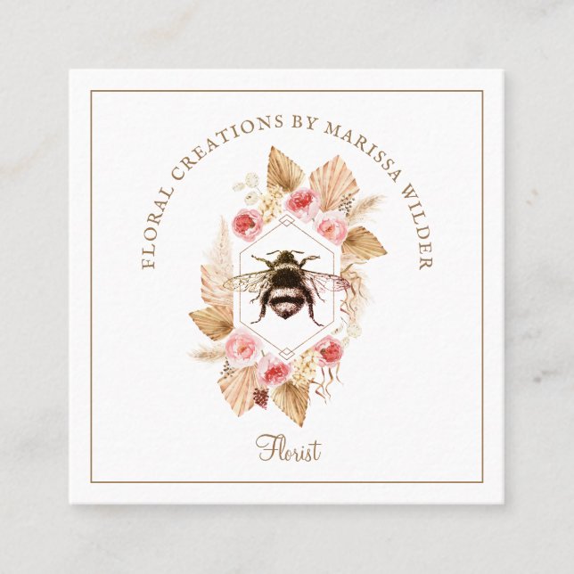 Florist Honey Bee Blush Pink Boho Floral Quadratische Visitenkarte (Vorderseite)