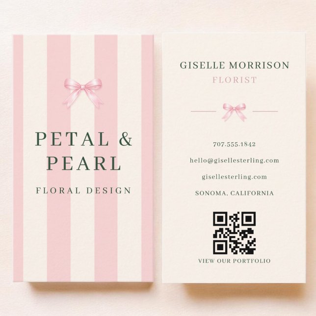 Florist Rosa Grün Gestreifter Bogen QR-Code Visitenkarte (Von Creator hochgeladen)