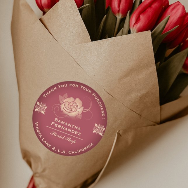 Florist Rose Blume Red & Beige Business Runder Aufkleber (Von Creator hochgeladen)