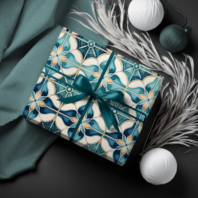 Flormarokkanisches Fliesenmuster#1 Aquamarines wei Geschenkpapier (Von Creator hochgeladen)