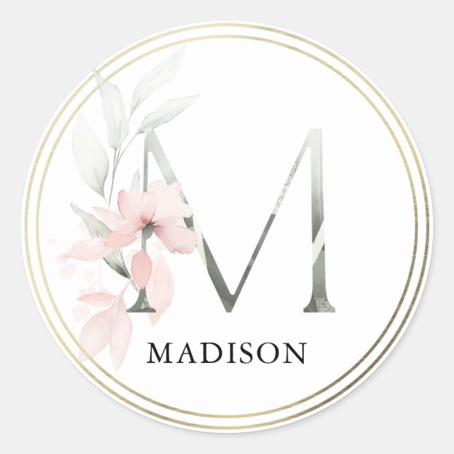 Florrosa Aquarellschrift "M" Monogramm Runder Aufkleber (Vorderseite)